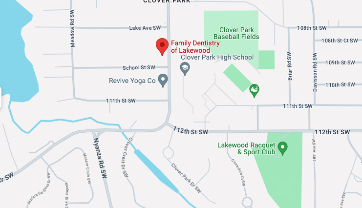 map location of Family Dentistry of Lakewood, located across the street from from Clover Park High School