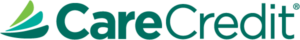 Logo of CareCredit, featuring a stylized green leaf forming the letter 'C' alongside the name, indicating health financing options