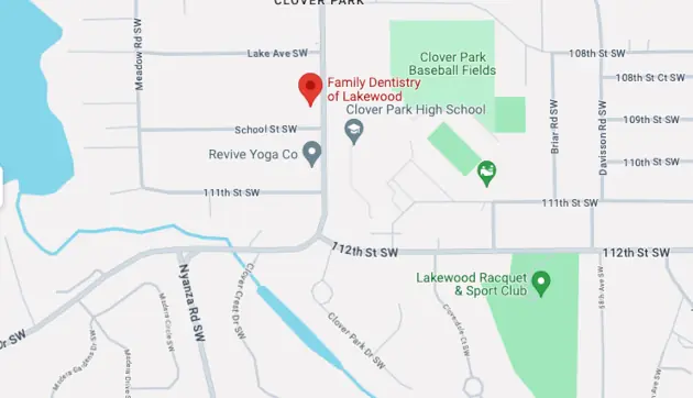 map location of Family Dentistry of Lakewood, located across the street from from Clover Park High School