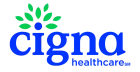 Logo of Cigna, featuring a colorful silhouette of a figure with an orange flame above it.